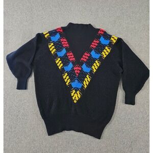 Crescendo Vintage 80s Black Geometric Knit Mock Neck Batwing Sweater Womens M